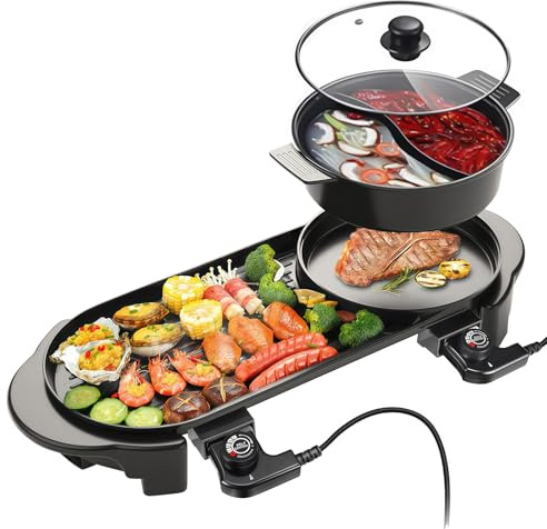 BOEASTER Electric Hot Pot with Grill Indoor Korean BBQ Grill Shabu-shabu Hotpot, Removable Hotpot Pot W/Large Capacity Baking Tray, Smokeless Non-Stick, 5-Gear Adjustable Temperature, 1-6 People 110V
