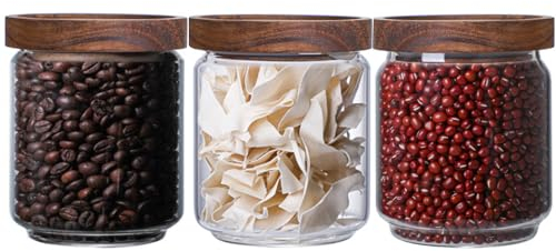 Danmu Art 500ml Glass Storage Jars with Airtight Wood Lids - Stackable Food Storage Containers for Pasta,Coffee Beans,Cereal,Flour - Set of 3,Flour 500ml