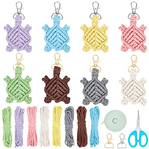 ORIGACH 8 Set Makramee Schildkröte Schlüsselanhänger Kit Personalisierte Schlüsselanhänger Kit Makramee Handwerk Kit für Erwachsene mit Bedienungsanleitung