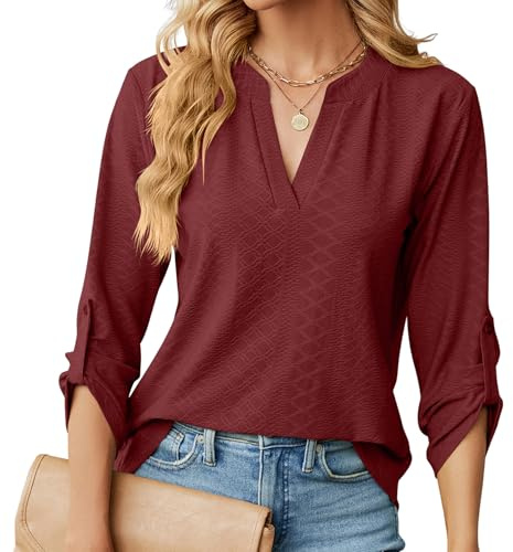 Chemisier Femme Chic et élégant Top à Col en V Haut à Manches 3/4 Enroulables T-Shirt Manche Longue Tunique de Base Blouse Décontractée