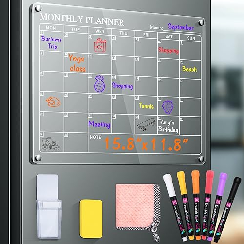 Magnetic Fridge Planner, 15.7''x11.8'' Weekly Planner for Fridge Clear Acrylic Calendar Board with Dry Eraser, 6 Markers, Pen Holder & Cloth for Menu, Meal, Memo (Single Pack)