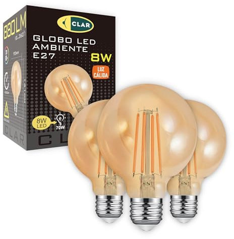 CLAR- Bombilla Globo E27 LED, LED G95 Filamento, Ambar 8W Luz Cálida 2500ºK (Pack 3)