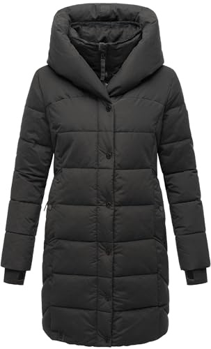 Navahoo Damen Wintermantel warmer Steppmantel lang mit Kapuze und abnehmbarem Fleece-Kragen Knutschilein Black Gr. M