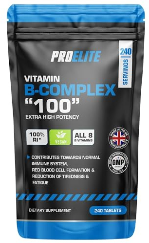 Vitamin B Complex - 240 High Strength Tablets - All 8 B Vitamins B1 - B2 - B3 - B5 - B6 - B12, Biotin, Folic Acid - Reduction of Tiredness & Fatigue PROELITE
