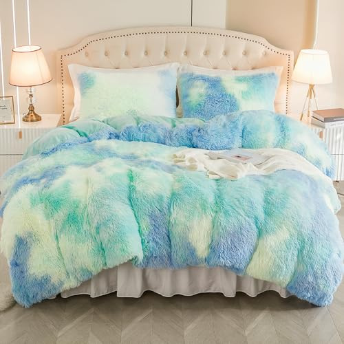 EMME - Set di biancheria da letto in pile 200x200 cm, set di copripiumino in pile di castoro, biancheria da letto Shaggy e in pile morbida, copripiumino e 2 federe da 80x80 cm, Tie Dye Blu Verde
