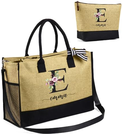 Presentimental Sac Fourre-tout Personnalisé avec Nom Grand Sac de Plage Sacs Tote Bag à Cabas avec Fermeture éclair Cadeau pour Femmes Noël Anniversaire Fête des mères Mariage (A)