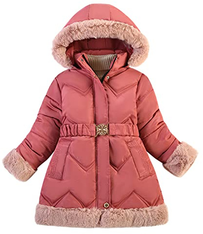 Kids Girls Winter Warm Fleece Lined Faux Fur Hooded Jackets Full Zip Up Outerwear School Dress Coats with Belt for Age 5-12 Years