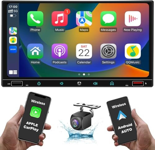 Newest 7 Inch Double Din Car Stereo for Wireless Apple Carplay & Android Auto with Voice Control,Bluetooth5.2,MirrorLink, Car Radio with Backup Camera,HD Touch Screen SWC/USB/AM/FM/AUX/30 Band EQ