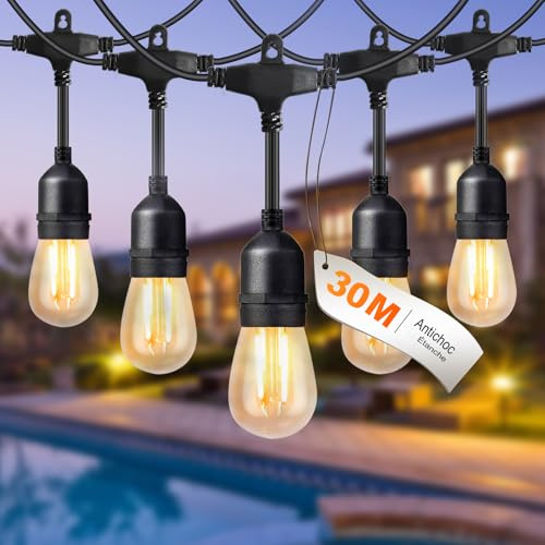 BRIMAX LED Catene Luminose Esterni, 30 metri con 30 lampadine S14, corrente AC220-240V, 2700K bianco caldo, IP44 impermeabile, 2W per lampadina, Luci a LED per giardino, festa, matrimonio, campeggio