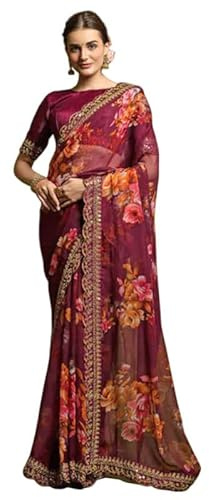 IMTRA FASHION Georgette Saree Per Donna Indian Ethnic Dress Ricamo Lavoro Sari Con Pezzo Di Camicetta Non Cucito-Viola