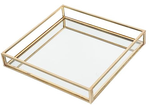 TOPBATHY Vassoio Decorativo in Vetro Bordo in Ottone Dorato 16x16x2,5 Cm Organizer Per Profumi e Gioielli Da Toeletta Accessorio Per Bagno e Camera Da Letto