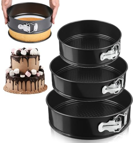 LZYDKH 3 Stück Springform, 20/22/24cm klein Kuchenform Backform mit Antihaftbeschichtung Springform Set Abnehmbarer Flachboden für Backen Verschiedener Kuchen Unt Brot (Schwarz)