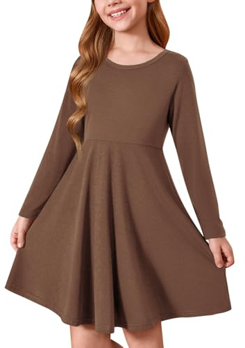 Haloumoning Vestido para niña de cuello redondo, manga larga, vestidos de una sola pieza, A-Line, vestido de ocio, vestido básico, otoño, invierno, midi, 5-14 años, marrón, 13-14 años