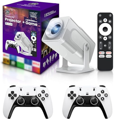 Proyector y juego HCS350 Pro, proyector de juegos inteligente retro 4K 1280 x 1080P 30000 juegos integrados, videojuego portátil con 2 controladores inalámbricos, WiFi 5G, Bluetooth, HDMI, Android 12