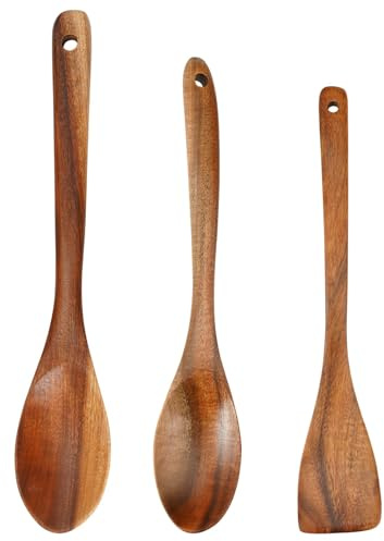 KineticKraft3 Pcs Wooden Spoons for Cooking, Heat Resistant Wooden Cooking Utensils, Teak Wooden Spoons, Wood Spatula, Slotted Wood Spoon for Nonstick Pans & Cookware for Cook Housewarming Gift