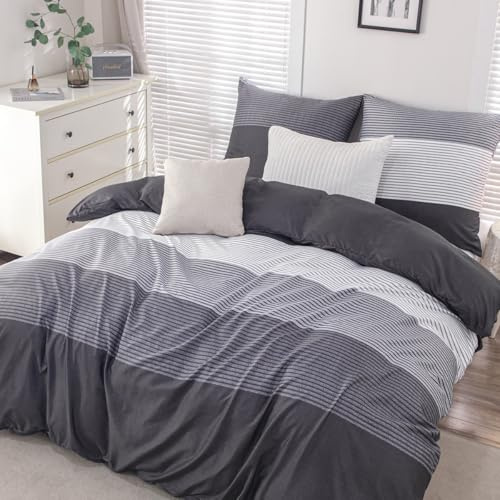Nesture Bettwäsche 135x200 Anthrazit, Bettwäsche-Sets mit Gestreift Muster Microfaser Bettbezug 135 x 200cm 2 Teilig bügelfrei & weich - 1 Deckenbezug und 1 Kissenbezug 80x80 mit Reißverschluss