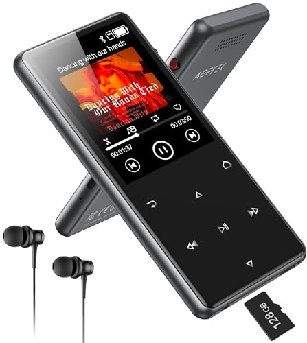 AGPTEK 128 GB MP3 Player mit Bluetooth 5.4, 2,4 Zoll Musik-Player mit One-Click-Aufnahme, eingebautem Lautsprecher und FM-Radio, Tragbarer Metall-Player mit Touch-Tasten, Schwarz