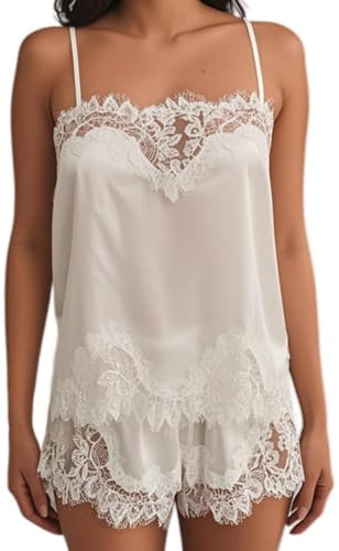 Barbotimer Women Satin Pajamas Set Sleepwear Sexy Silk Lace Trim Sleeveless Cami Top with Shorts Set Elegant Lace Pjs Sets Nightwear