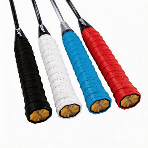 4 pezzi di nastro adesivo per impugnatura da badminton, in poliuretano, assorbe il sudore, antiscivolo e ammortizzante, per racchette da badminton, tennis e squash, 110 x 2,5 x 0,7 cm, nero/bianco/blu