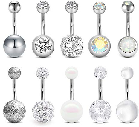 Funseedrr 10pcs Anillos de ombligo de plata Barras de ombligo Set de acero inoxidable de 8/10 mm con piercing de bolas de ópalo de cristal