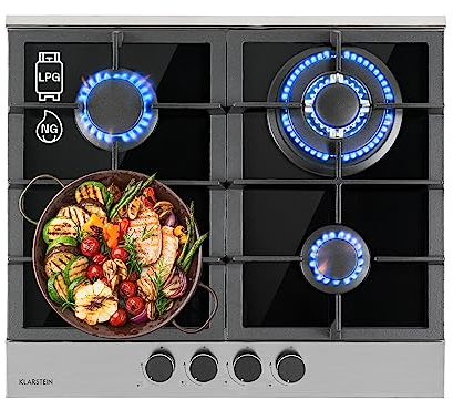 Klarstein Gas Cooker, 4 Burners Gas Hob, 8.0 kW Built In Four Ring Electric Hob, Campervan Cooktops Cookers, Stainless Steel Glass Top Wok Burner, 4 Ring Kitchen Stoves