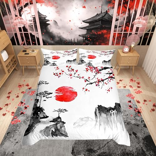 Japansk Ukiyoe bäddset körsbärsblommor röd sol påslakan för barn pojkar flickor bläck japansk stil täcke överdrag exotisk stil sängkläder och linne 3 st sängkläder kung