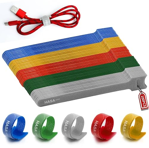 HASA zone Fascette Cavi Colorate 100 Pezzi, Fascette Riutilizzabili con Gancio e Anello per la Cable Management, Regolabili Fascette per Cavi 15CM