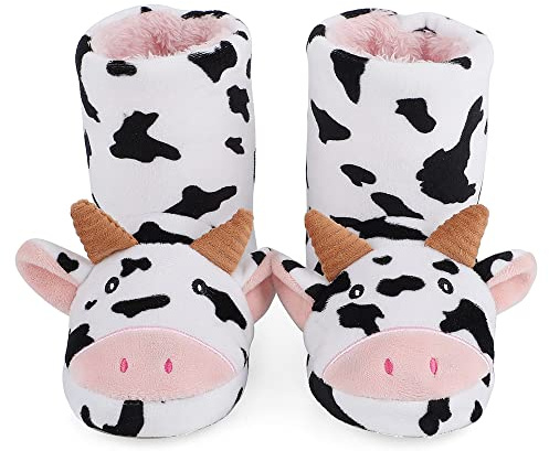LACOFIA Zapatillas de Estar por Casa para Niñas Botas de Casa de Invierno Pantuflas Animales Botines Peluche para Niños Vacas 28/29