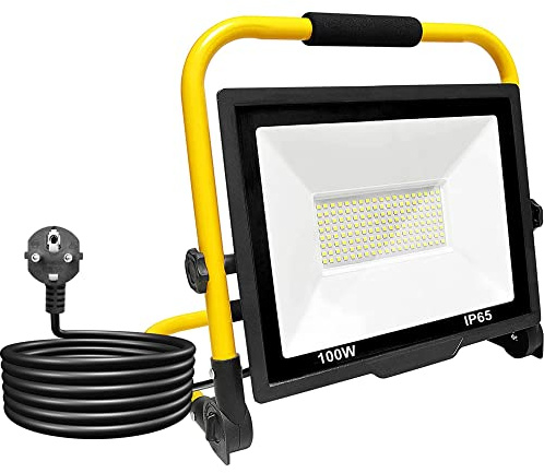 152LED Strålkastare Byggspotlight Bärbar 100W Vit 6000K. Utomhus Strålkastare Vattentät IP65, 10000 Lumen Ljus för Verkstad, Byggarbetsplats, Garage