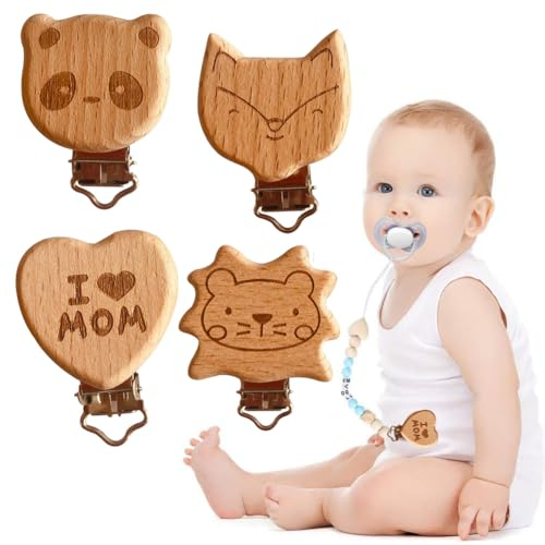 Schnullerclip,Holzclip Schnullerclips Holz Schadstofffrei, Schnuller Clip, Baby Schnullerclips,Schnullerketten Zubehör Schnullerketten Clips,Nuckelclip Schnuller Clip,Schnullerketten Zubehör,4 Stück