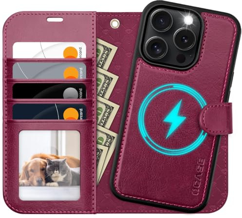 OCASE for iPhone 16 Pro Max Case, Detachable 2 in 1 PU Leather Wallet Case with RFID Blocking, Wireless Charging, Card Holders, Kickstand, Shockproof Removable Phone Cover, Burgundy