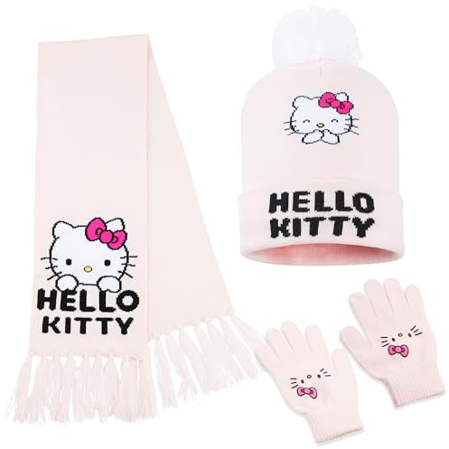 Hello Kitty Set de Bufanda, Gorro y Guantes para Niña, Conjunto Niña Invierno 3 Piezas para Viajes Escolares (4-12 Años, Rosa Hello Kitty)