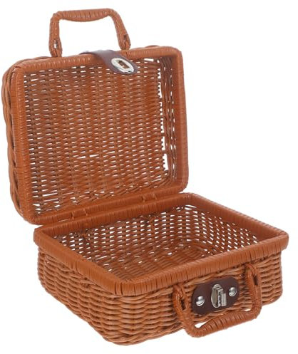 Yardenfun Caja imitación ratán Mimbre Maleta Cubo de Almacenamiento Tejido Manejar Estuche Retro Tejido a Mano contenedor de Canasta Tejida Caja de Almacenamiento Retro ， Light Brown