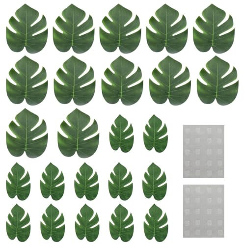 YSJCHEBS 24 Piezas De Hojas De Palma Artificiales con Pegamento Punteado, Hojas Artificiales, Hojas Artificiales para Decoración, Decoraciones De Fiesta Hawaiana, Decoraciones Temáticas Tropicales