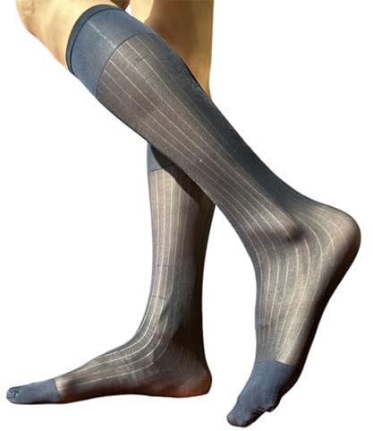Ldabrye Calze lunghe da uomo eleganti da lavoro in morbido nylon trasparente sottili in seta trasparente sopra il polpaccio a righe larghe calze a tubo medio collant da ufficio, blu navy, Taglia unica
