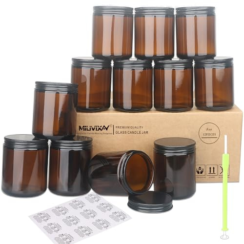 MILIVIXAY Confezione da 12 Barattoli di Vetro Spesso in Ambra Scura da 8 OZ con Coperchi in Metallo Nero - Barattoli Vuoti per Fare Candele - Barattoli per Conserve per Spezie, Liquidi, Campioni