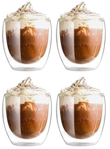 4er Set Cappuccino Tassen Gläser 250ml aus Borosilikatglas - Doppelwandig Gläser, Hitzebeständig Kaffeetassen & Perfekt für Cappuccino, Kaffee & Tee
