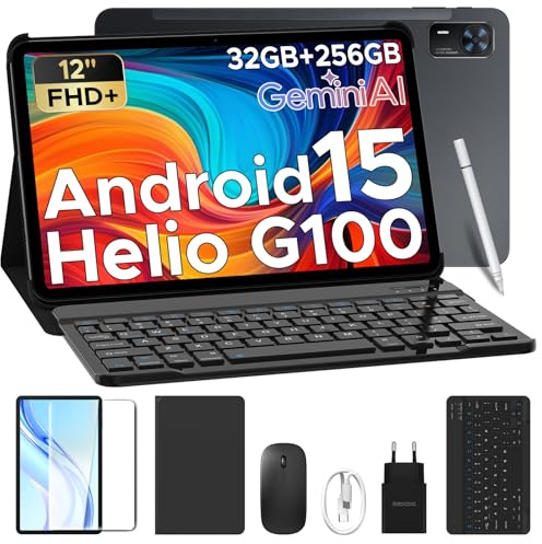 DOOGEE Tab E3+ Tablette 12 Pouces, Tablette avec Clavier,FHD+ 90HZ,8800mAh,32Go + 256Go,Helio G100 Octa-Core,Tablette Android 15,Stylo/Slot Carte SIM/7,5 mm/Souris/Boîtier/Quatre Haut-Parleurs,Noir