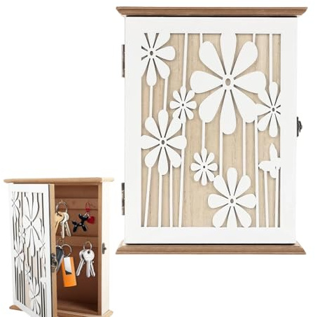 wocpvm Wooden Key Holder Vintage Key Boxes wall Mounted indoor 6 Key Hooks Key Cabinet Wall Mounted with lock buckle Suitable for Entrance, Hallway, Bedroom, Living Room (Daisy pattern)