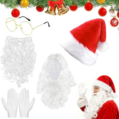 Barba e Parrucca di Babbo Natale, 5 Pezzi Accessori Babbo Natale, Parrucca Babbo Natale, Barba di Babbo Natale, Cappelli da Babbo Natale, Guanti, Occhiali, Adatto per Ruoli di Natale Feste di Natale