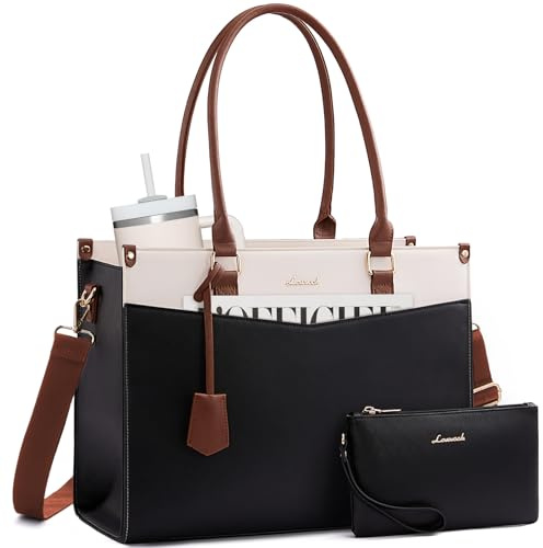 LOVEVOOK Laptop Bag for Women 15.6 Inch, Waterproof Leather Tote Purse with Cup Holder & Elegant Clutch, Multi Pocket Large Capacity Work Briefcase for Office Travel, Black-Beige-Brown
