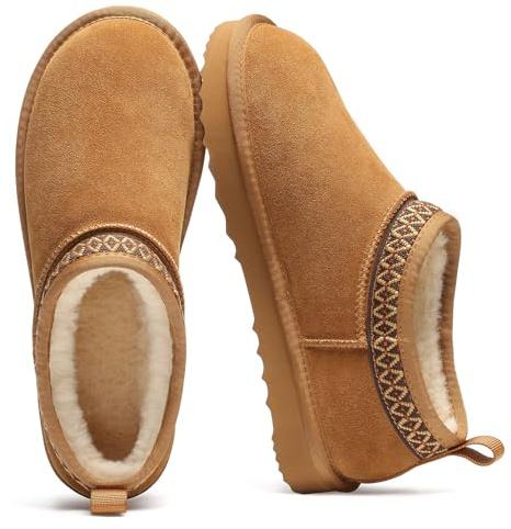 Litfun Genuine Suede Mini Boots for Women Winter Fuzzy Snow Boots Short Ankle Boot with Fur Lined, Chestnut EU 37