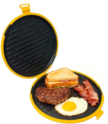 SIRUOO 9.5 Microwave Grill Pan & Crisper Tray - 5-in-1 Nonstick Sandwich Maker, Pizza Pan & Bacon Cooker with lid,Dishwasher Safe Griddle for Grilled Cheese - College Dorm Room & Office Essentials
