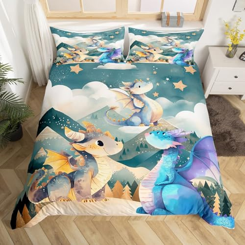Homewish Juego de ropa de cama infantil con diseño de dragón y árbol de montaña, diseño de dinosaurio Kawaii, nubes, color azul y dorado