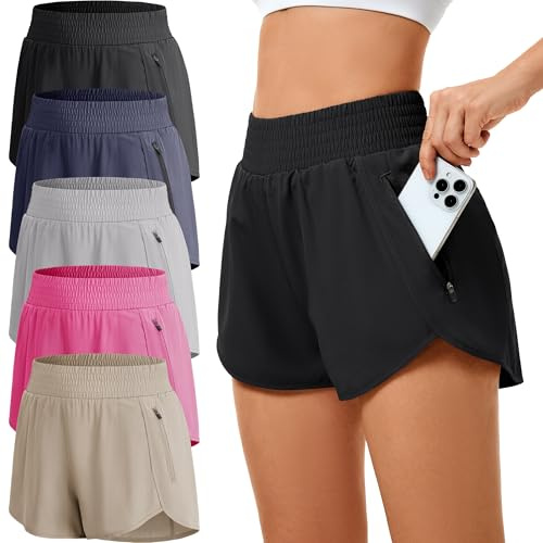 miijoory Pack de 5 pantalones cortos de deporte para mujer, pantalones cortos con bolsillo con cremallera, pantalones cortos de verano para gimnasio, pantalones cortos para mujer, pantalones cortos
