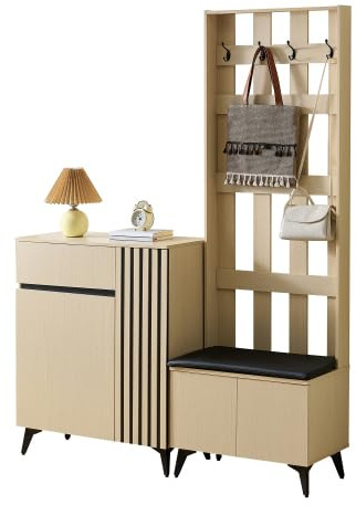 vutizal Ensemble vestiaire et armoire à chaussures - Combinaison vestiaire avec porte-manteau, banc et espace de rangement - Ensemble vestiaire moderne aspect bois