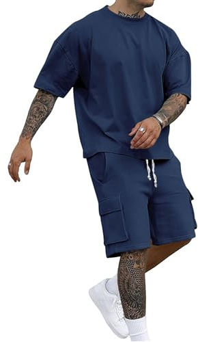QUNERY Ensemble Ete Homme Survêtement 2 Pièces Tenues Jogging T-shirt + Short avec Poches Vacances Plage Costumes
