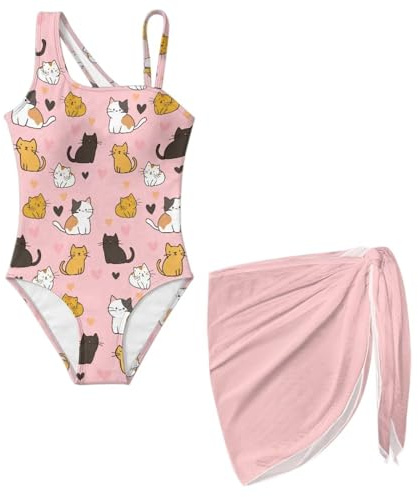 Flaishyardaw Cat Girls One Piece Swimsuits with Cover Up Size 15-16 Sleeveless Bathing Suit Cute Little Kids Swimming Suits Stylish Beach Swimwear Casual Holiday Halter Swimsuit for Pool Sport