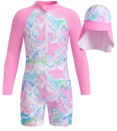 JiAmy Maillot de bain une pièce pour fille - Manches longues - Fermeture éclair - Protection UV - Maillot de bain sirène avec bonnet de bain pour filles de 4 à 12 ans, Vague rose., 11-12 ans