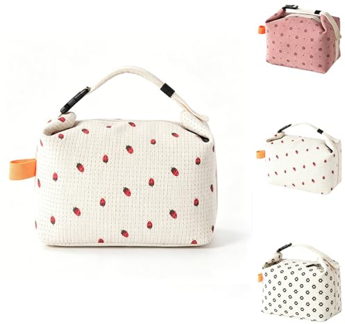 SUOXU Lunch Bag for Women Men,Cooler Bag for Work School Picnic, Reusable Insulated Lunch Box Bag, Waterproof and Oil-Proof Corduroy Tote Bag, Portable Picnic Bag Cool Bag-8L（White-Strawberry）